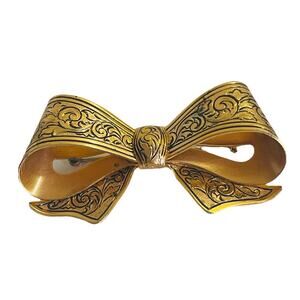 Vintage Brooch Pin Bow Edwardian Style Etched Lapel Gold Tone